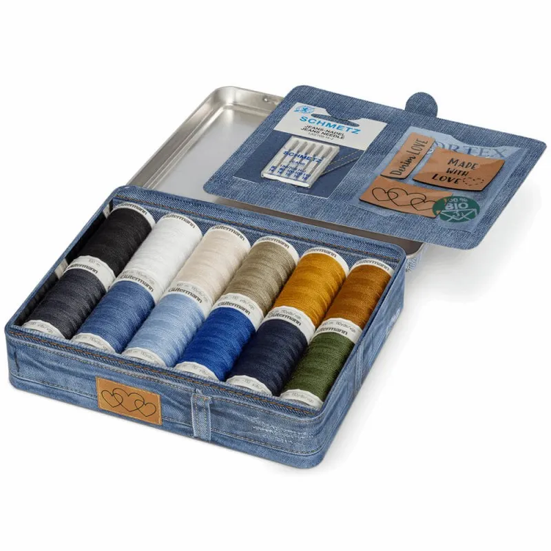 Boite Métallique Gütermann avec 12 fils Denim et Accessoires  - Gütermann