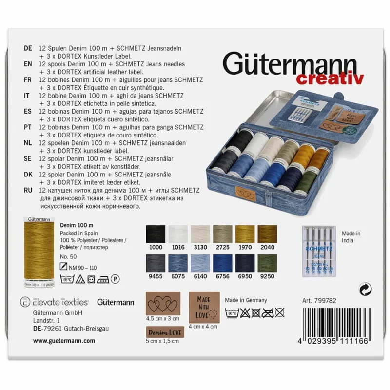 Boite Métallique Gütermann avec 12 fils Denim et Accessoires  - Gütermann