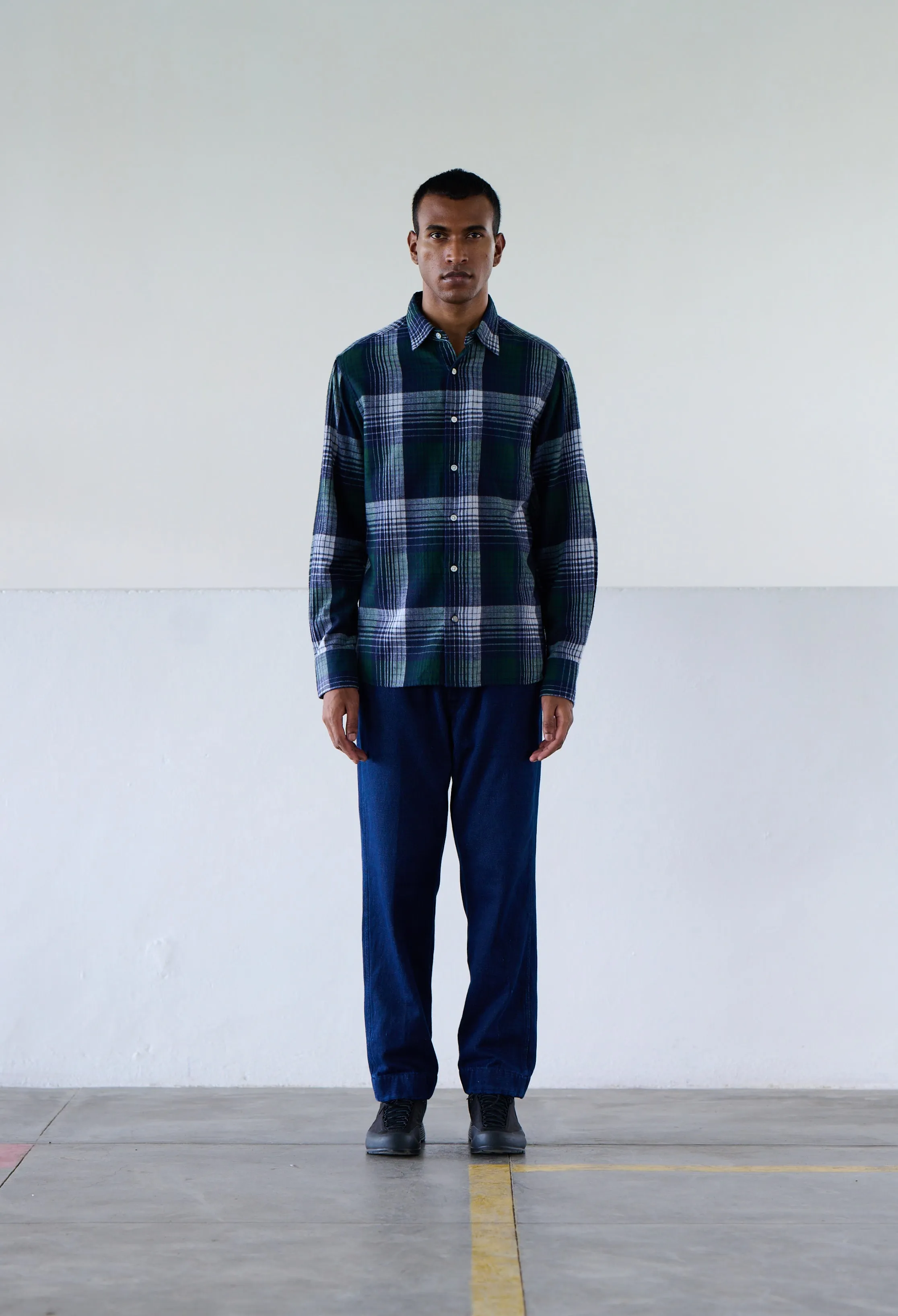 Chemise en madras à col droit - Bleu et verte