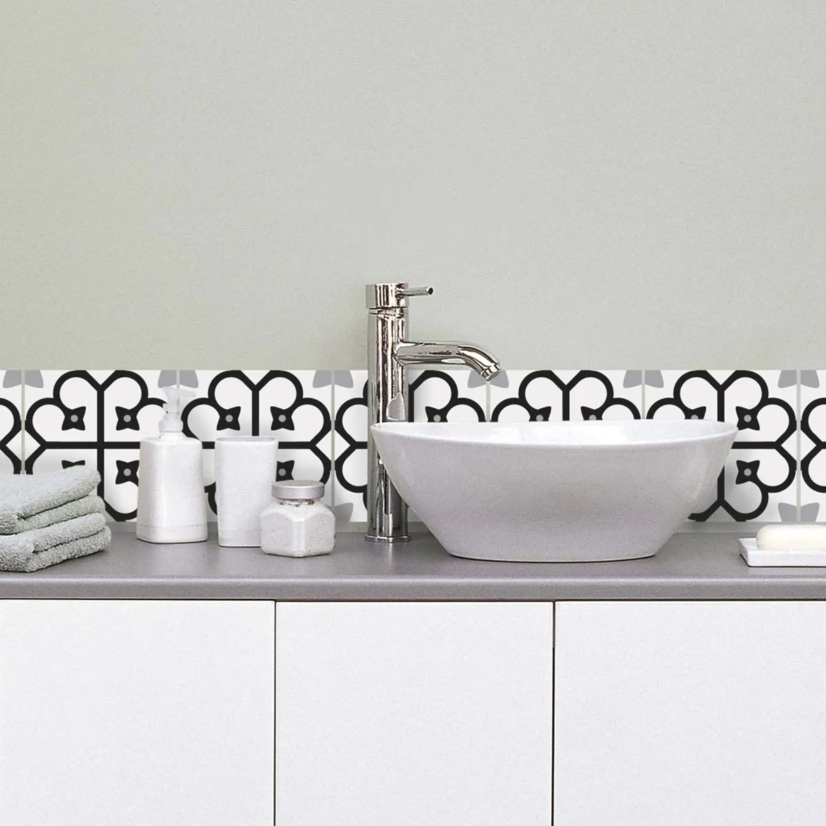 Lot de 5 Stickers Carrelage 15x15 cm Motif Floral Noir et Blanc