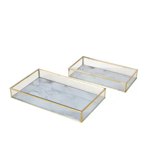 Set de 2 plateaux rectangulaires en métal Doré et verre effet marbre blanc