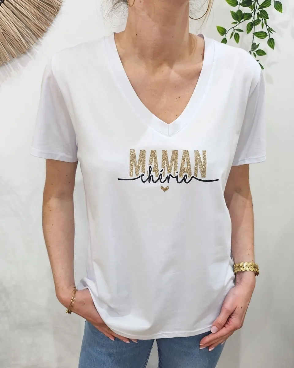 T-shirt femme blanc Maman chérie