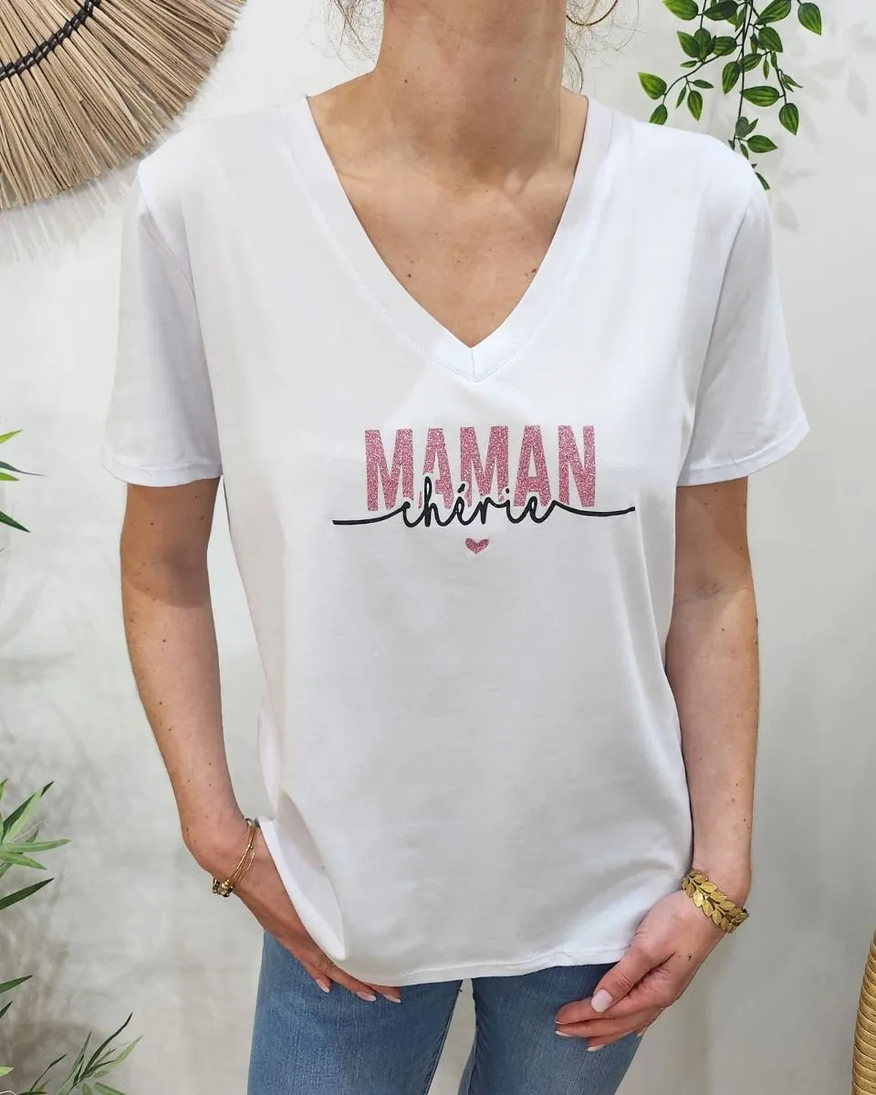 T-shirt femme blanc Maman chérie