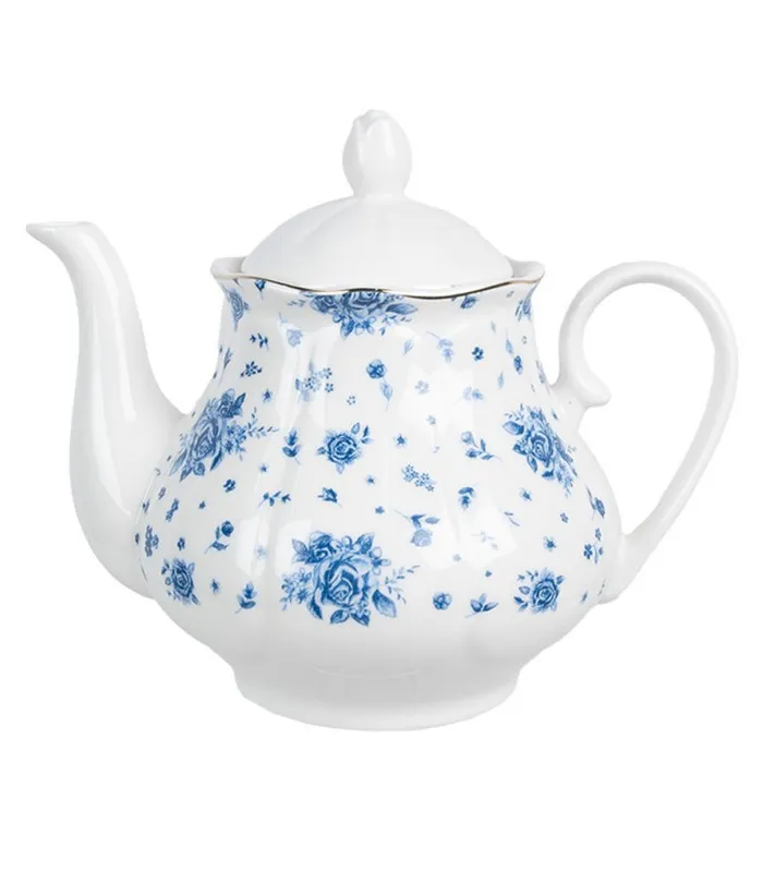 Théière en porcelaine blanche motif fleuri bleu 1L